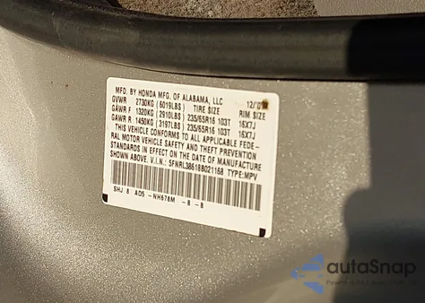 2008 Honda Odyssey Ex-L из США, поврежденный, VIN 5FNRL38618B021168